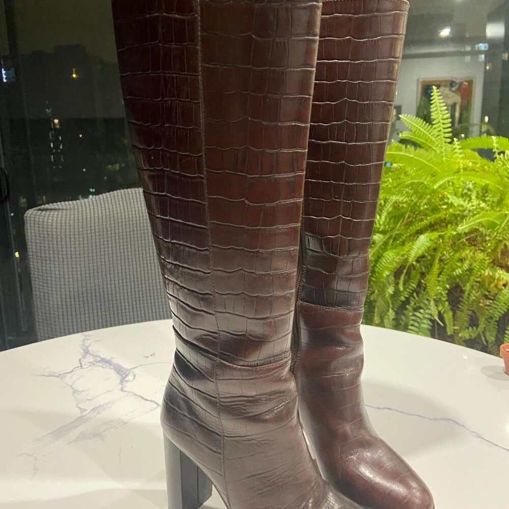 Brown Tall Leather Boots – Croc-Embossed – Block Heel – Almost New